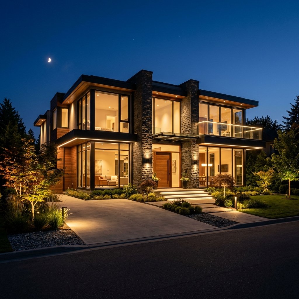 Illuminated Modern House at Night